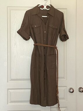 Utility-Style Midi Shirt Dress in Brown